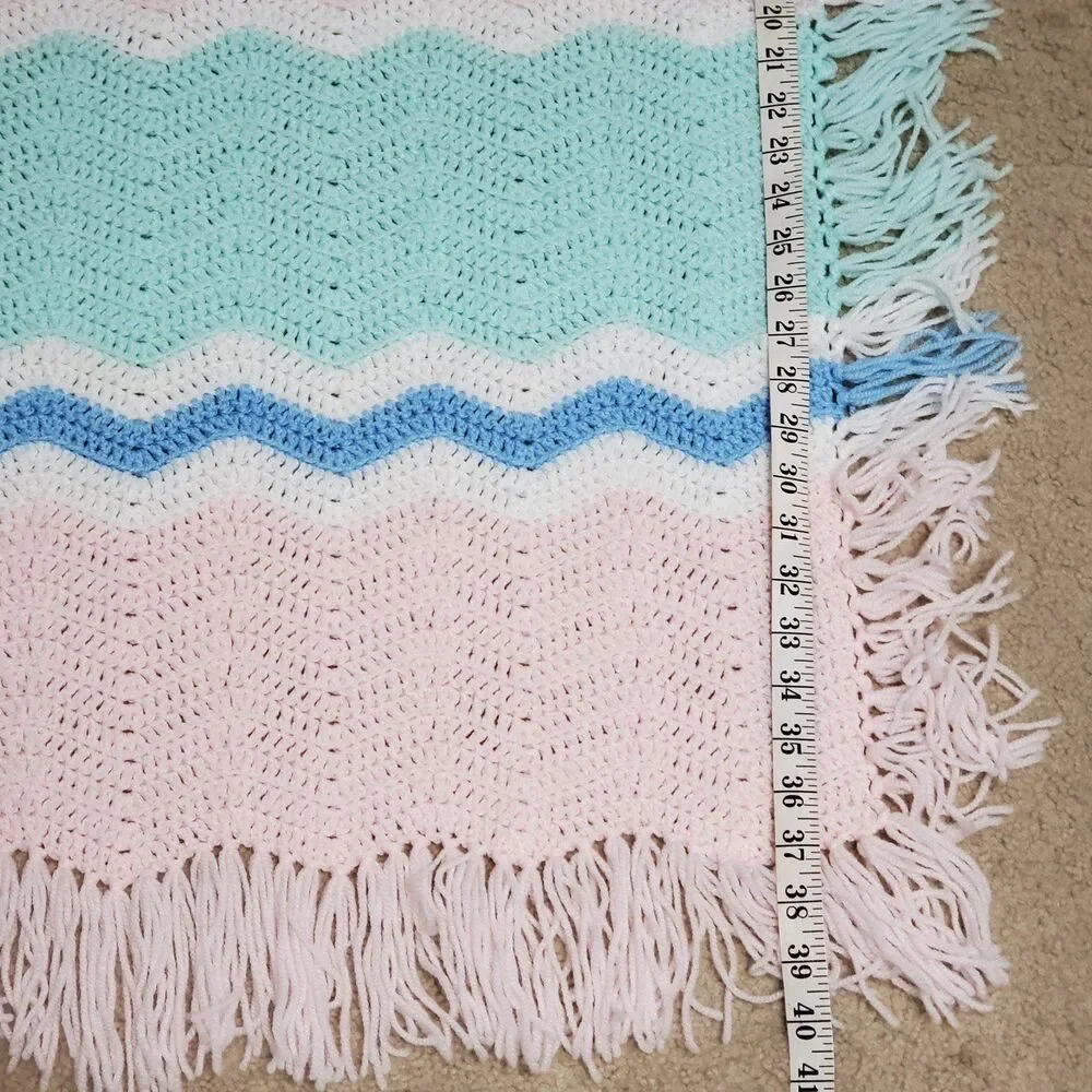Handmade Crochet Chevron Ripple Baby Blanket Lap Afghan Multicolor With Fringe